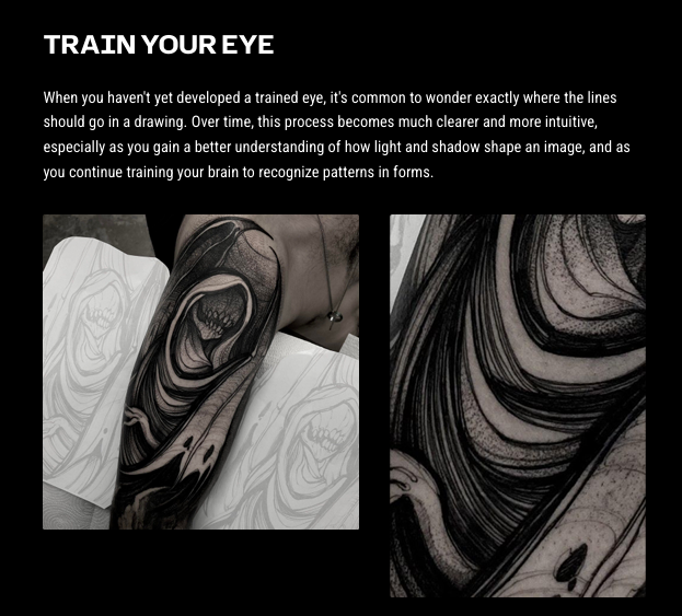 Train your eye: geometric forms transitioning into blackwork line texture