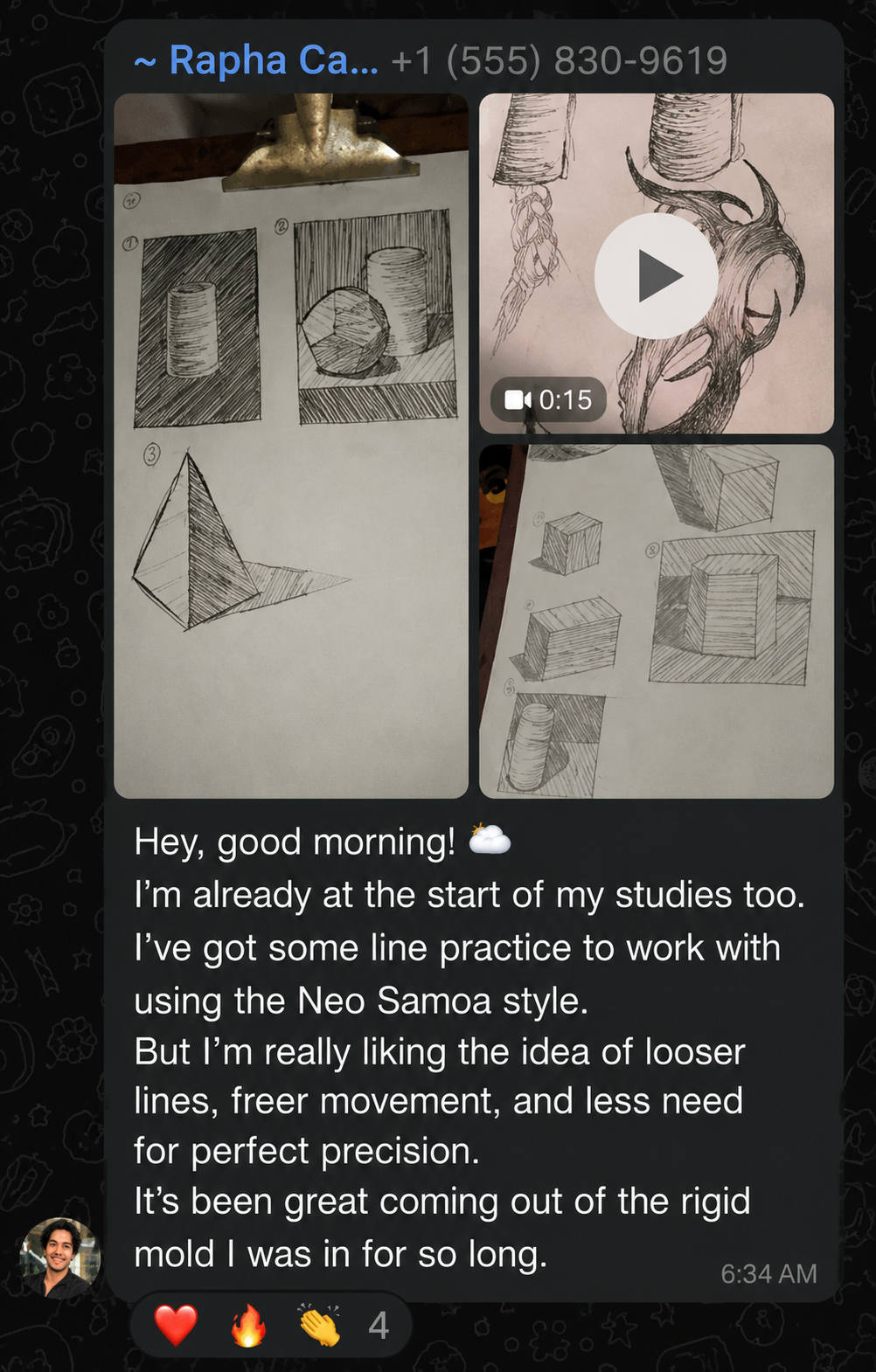 Student message showing line practice drawings from the workbook